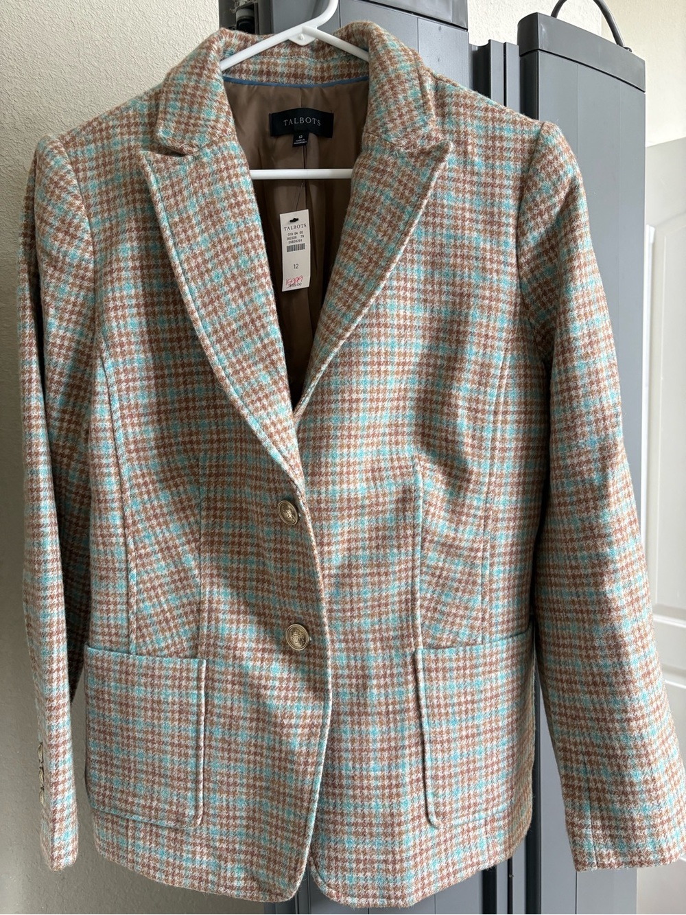 Talbots Mint Green and Tan Plaid Wool-Blend Blazer